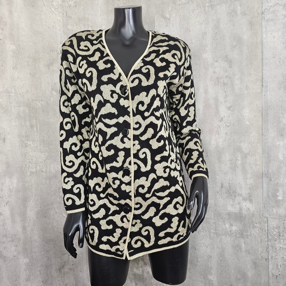 Vintage 80s 90s Tesori Baroque Knit‎ Jacket Gold Black Wool Cardigan XS - Picture 2 of 9